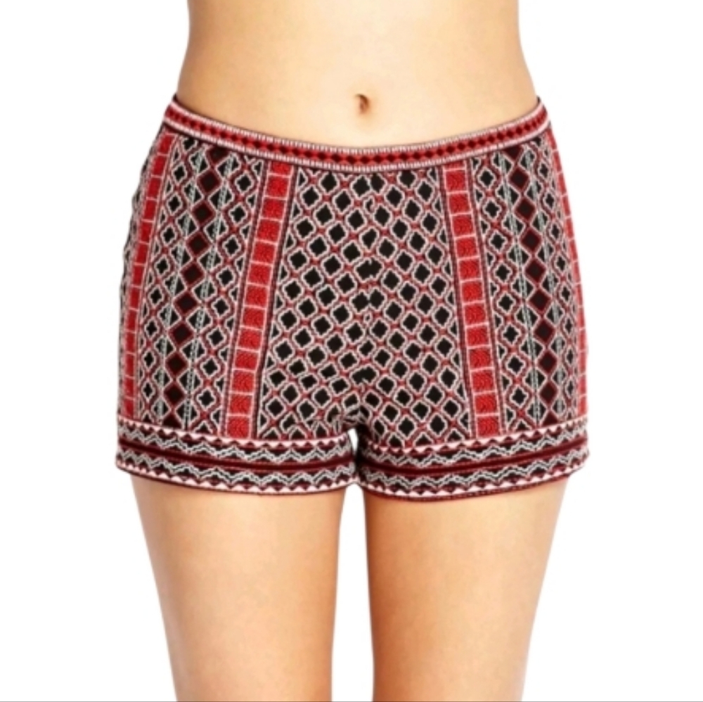 Forever 21~ Black Red Embroidered Beaded Boho High-Waist Shorts L